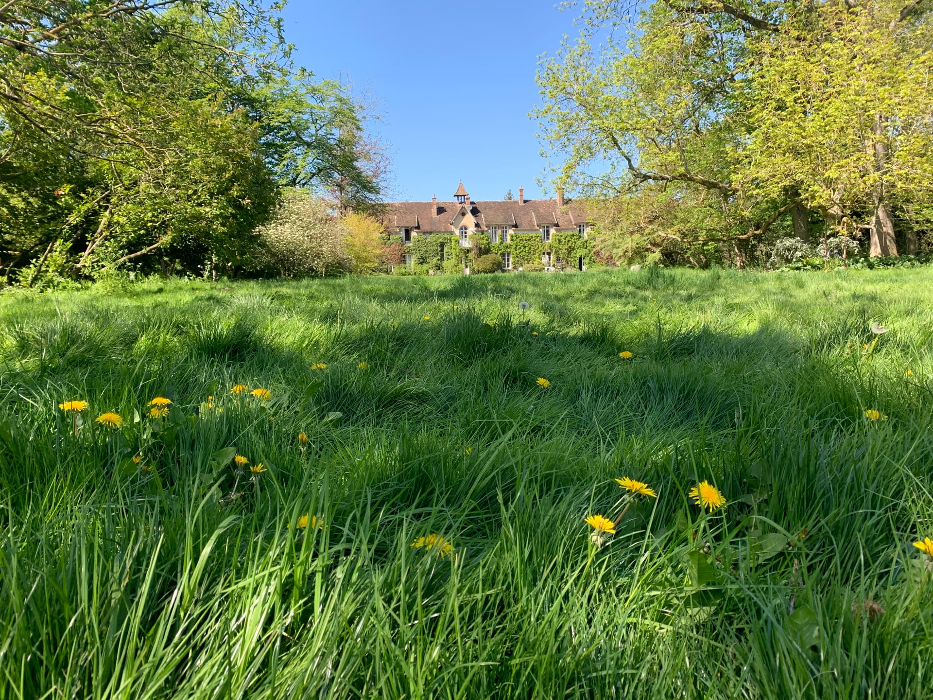 La maison principale vue depuis la prairie au printemps
